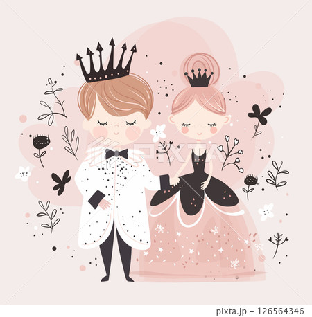 Cute couple prince and princess holding hands on pink background with flowers, boy and girl in love, wedding card, Valentine s Day, fairy tale characters. Flat cartoon illustration. 126564346