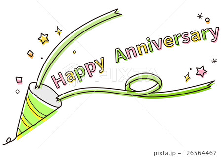 ハッピーアニバーサリーの文字と紙吹雪クラッカーのカラフルイラスト／お祝い・イベント向けデザイン 126564467