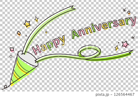ハッピーアニバーサリーの文字と紙吹雪クラッカーのカラフルイラスト／お祝い・イベント向けデザイン 126564467