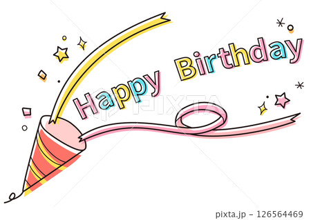 ハッピーバースデーの文字と紙吹雪クラッカーのイラスト／誕生会・イベント向けデザイン 126564469
