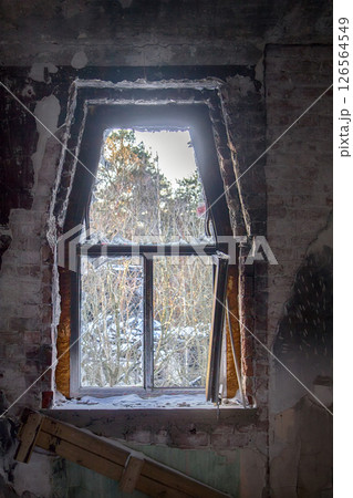 Abandoned people home, blind window 126564549