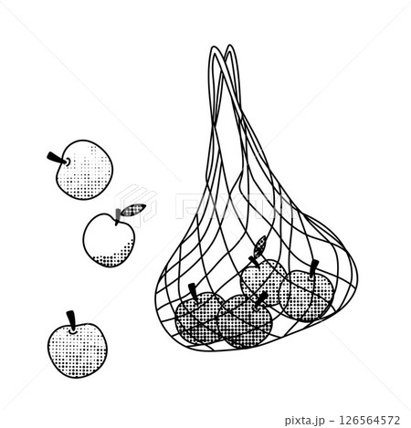 string bag with apples, black and white line art for eco-friendly living string bag with apples, black and white line art for eco-friendly living 126564572