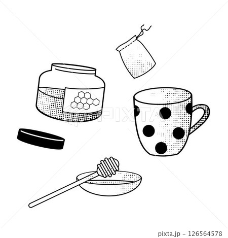 Honey jar, reusable tea bag, mug, honey dipper, black and white line art for eco-friendly living 126564578