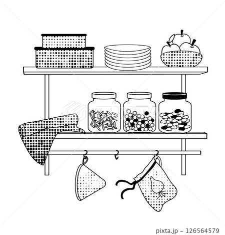 Self with reusable kitchen storage- glass jars, cloth bags, plates, towels and fruits basket. black and white line art for eco-friendly living Self with reusable kitchen storage- glass jars, cloth bags, plates, towels and fruits basket. black and white line art for eco-friendly living 126564579