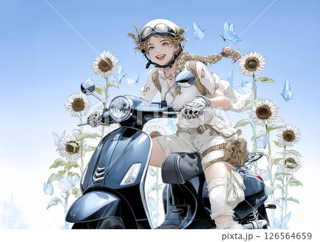スクーターでヒマワリの花畑に来た若い女性のイラスト素材 スクーターでヒマワリの花畑に来た若い女性のイラスト素材 126564659