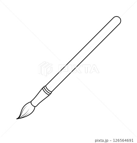 Paint Brush Outline Vector Illustration. Black and white vector illustration of a traditional paint brush. A long, straight handle with a rounded tip and a smooth transition into the metal ferrule. 126564691
