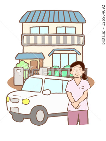 患家を訪問する訪問看護ステーションの看護師と車のイラスト 126564692