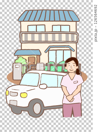 患家を訪問する訪問看護ステーションの看護師と車のイラスト 126564692