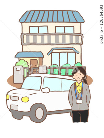 患家を訪問する訪問看護ステーションの精神保健福祉士と車のイラスト 126564693