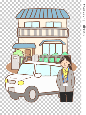 患家を訪問する訪問看護ステーションの精神保健福祉士と車のイラスト 126564693