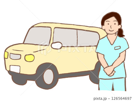 精神科訪問看護ステーションの車と看護師のイラスト 126564697