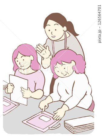 就労支援施設で作業をする精神障害のある利用者と女性スタッフのイラスト シンプル 126564701
