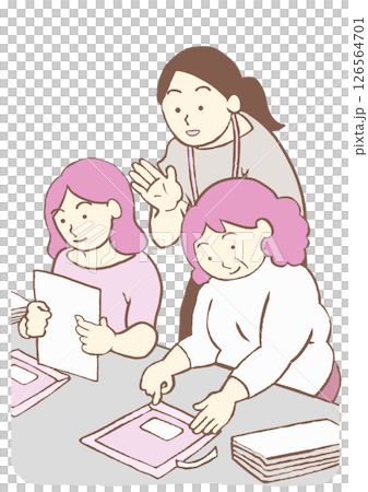 就労支援施設で作業をする精神障害のある利用者と女性スタッフのイラスト シンプル 126564701