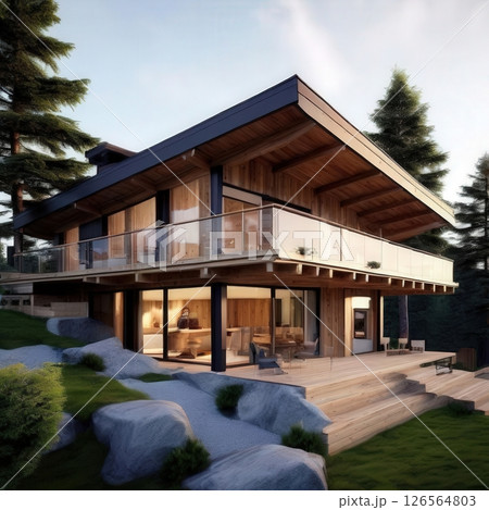 the AI Image Generator, Modern Wooden House in Forest Setting the AI Image Generator, Modern Wooden House in Forest Setting 126564803