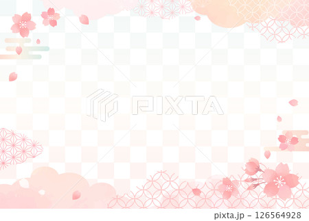 春　水彩風 桜と和柄 背景 市松模様 126564928