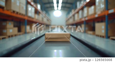 images of a cardboard box moving on a conveyor belt in a large, modern warehouse facility. images of a cardboard box moving on a conveyor belt in a large, modern warehouse facility. 126565008