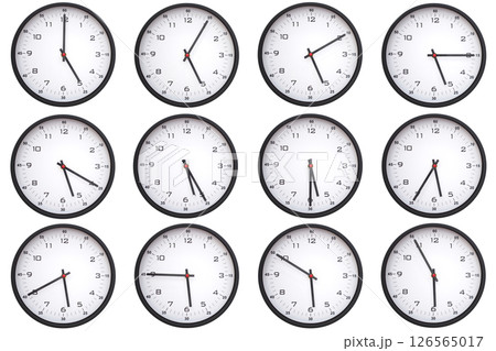 A collage of 12 analog wall clocks, each displaying a different from 05:00 to 05:55 or 17:00 to 17:55. Perfect for time management themes 126565017