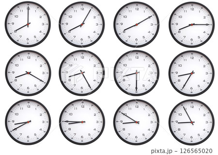 A collage of 12 analog wall clocks, each displaying a different from 08:00 to 08:55 or 20:00 to 20:55. Perfect for time management themes A collage of 12 analog wall clocks, each displaying a different from 08:00 to 08:55 or 20:00 to 20:55. Perfect for time management themes 126565020