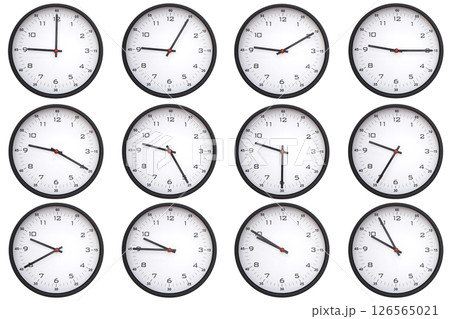 A collage of 12 analog wall clocks, each displaying a different from 09:00 to 09:55 or 21:00 to 21:55. Perfect for time management themes A collage of 12 analog wall clocks, each displaying a different from 09:00 to 09:55 or 21:00 to 21:55. Perfect for time management themes 126565021