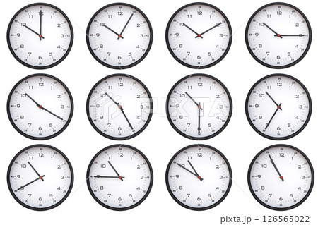 A collage of 12 analog wall clocks, each displaying a different from 10:00 to 10:55 or 22:00 to 22:55. Perfect for time management themes 126565022