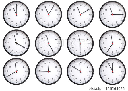 A collage of 12 analog wall clocks, each displaying a different from 11:00 to 11:55 or 23:00 to 23:55. Perfect for time management themes 126565023