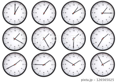 A collage of 12 analog wall clocks, each displaying a different from 01:00 to 01:55 or 13:00 to 13:55. Perfect for time management themes 126565025