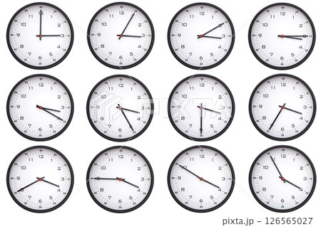 A collage of 12 analog wall clocks, each displaying a different from 03:00 to 03:55 or 15:00 to 15:55. Perfect for time management themes 126565027