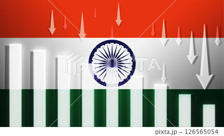 Flag with a declining bar chart and down arrows. 126565054