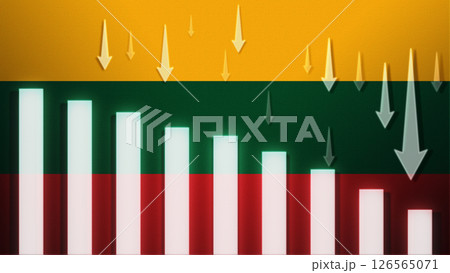 Flag with a declining bar chart and down arrows. Flag with a declining bar chart and down arrows. 126565071