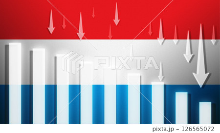 Flag with a declining bar chart and down arrows. Flag with a declining bar chart and down arrows. 126565072