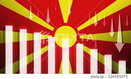 Flag with a declining bar chart and down arrows. Flag with a declining bar chart and down arrows. 126565073