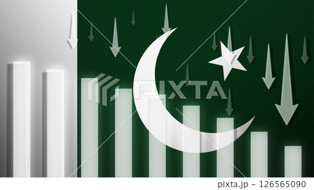 Flag with a declining bar chart and down arrows. Flag with a declining bar chart and down arrows. 126565090