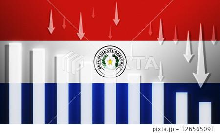 Flag with a declining bar chart and down arrows. Flag with a declining bar chart and down arrows. 126565091