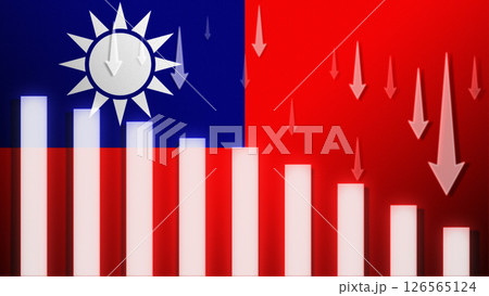 Flag with a declining bar chart and down arrows. Flag with a declining bar chart and down arrows. 126565124