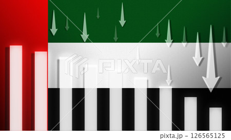 Flag with a declining bar chart and down arrows. 126565125