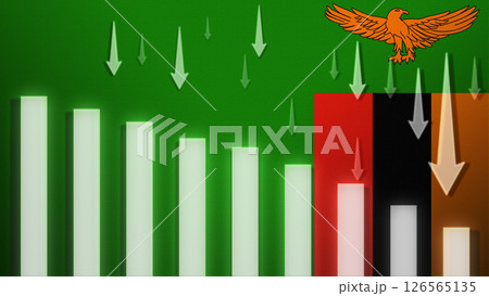 Flag with a declining bar chart and down arrows. Flag with a declining bar chart and down arrows. 126565135