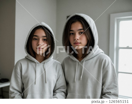 Twins in Matching Hoodies in a Bright Room 126565151