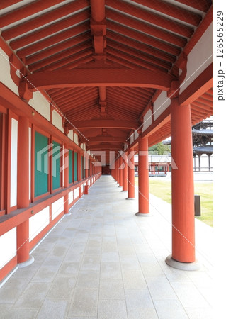 薬師寺の赤い柱と白壁の和風通路背景素材 薬師寺の赤い柱と白壁の和風通路背景素材 126565229