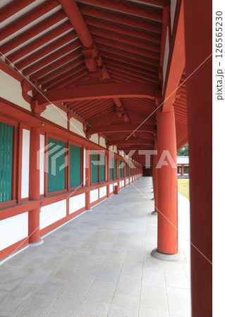 薬師寺の赤い柱と白壁の和風通路背景素材 薬師寺の赤い柱と白壁の和風通路背景素材 126565230