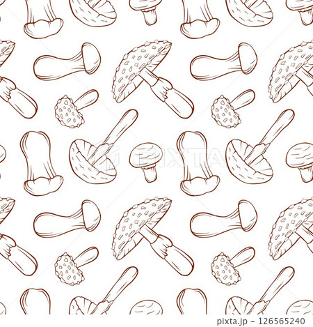 Seamless pattern with mushroom in line art style on white background. Trumpet, Fly Agaric, Destroying Angel, Champignon. Perfect for food design, natural packaging, fabric or kitchen decor. 126565240