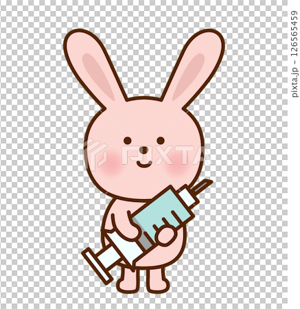 Illustration of a cute pink rabbit holding a syringe Illustration of a cute pink rabbit holding a syringe 126565459