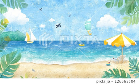南国の海とビーチとパラソルとヤシの木と砂浜 南国の海とビーチとパラソルとヤシの木と砂浜 126565504