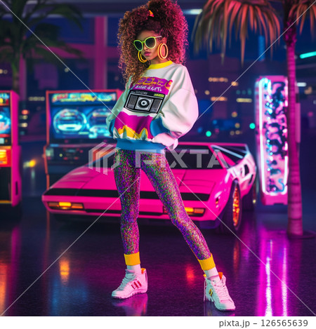 Trendy Retro 80s Fashion Girl at Neon Arcade Nightclub 126565639