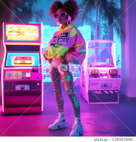 Trendy Retro 80s Fashion Girl at Neon Arcade Nightclub 126565640