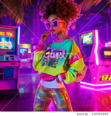 Trendy Retro 80s Fashion Girl at Neon Arcade Nightclub 126565644