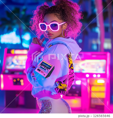 Trendy Retro 80s Fashion Girl at Neon Arcade Nightclub 126565646