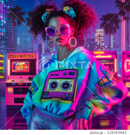Trendy Retro 80s Fashion Girl at Neon Arcade Nightclub 126565661