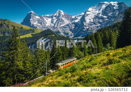 Electric train and Jungfrau mountains in background, Murren, Switzerland Electric train and Jungfrau mountains in background, Murren, Switzerland 126565712