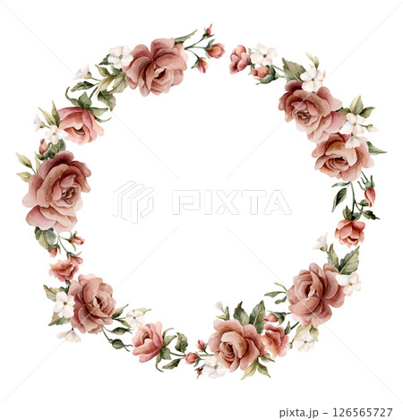 Rose flower wreath. Dusty pink garden flowers round arrangement. Watercolor hand painted floral isolated illustration for wedding design, home textile, porcelain crockery, cosmetic package, labels 126565727