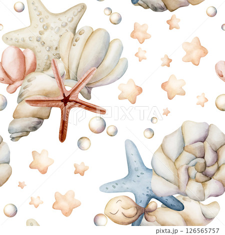 Sea Shells Starfishes Pearls. Watercolor hand painted summer seamless pattern on white background. Cute pastel neutral underwater ocean marine life for kids baby nursery textile fabric, wrapping paper 126565757